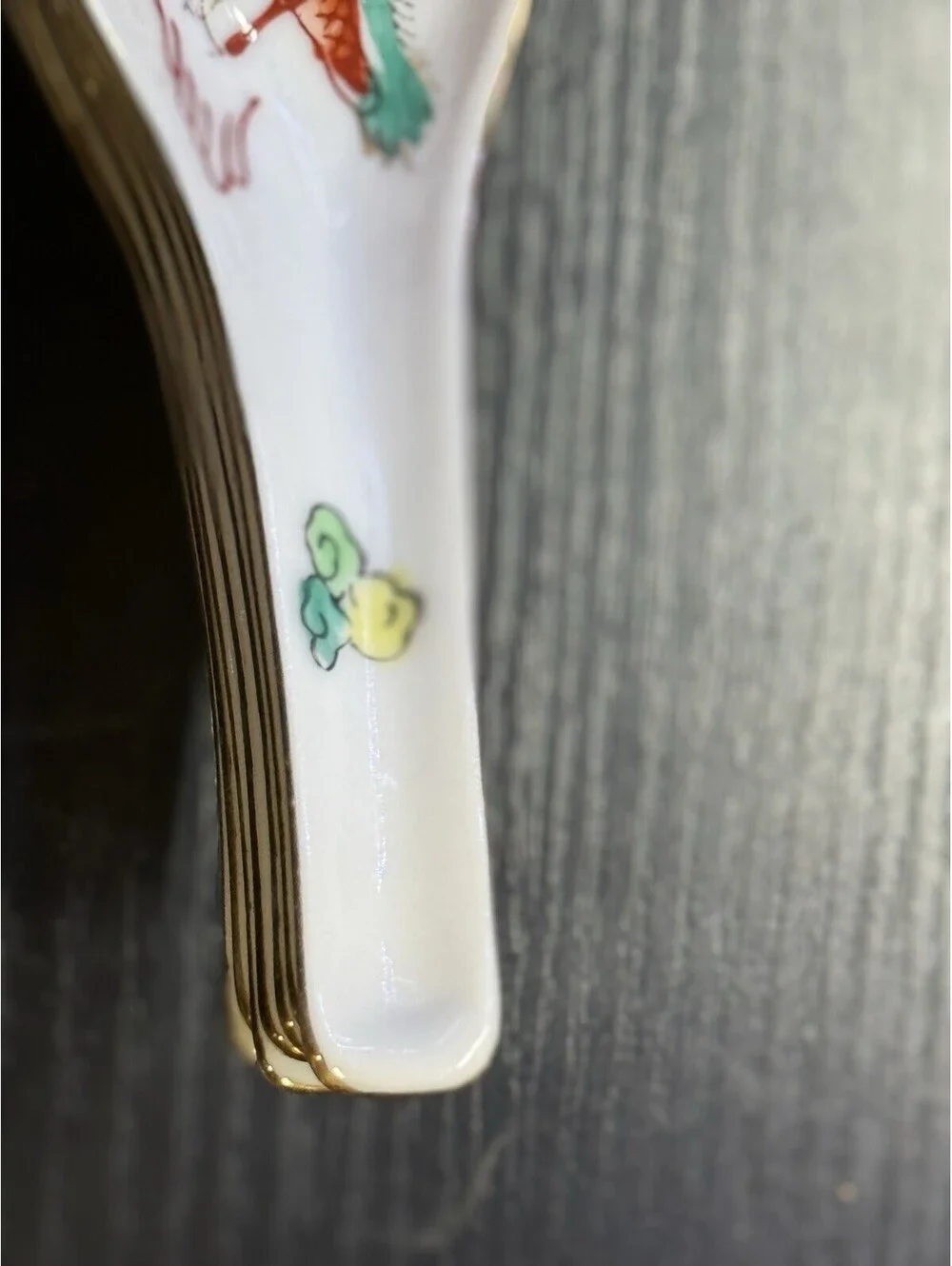 Vintage Chinese Porcelain Soup Spoons Set of 7 Dragon Gold Trim 6” Asian